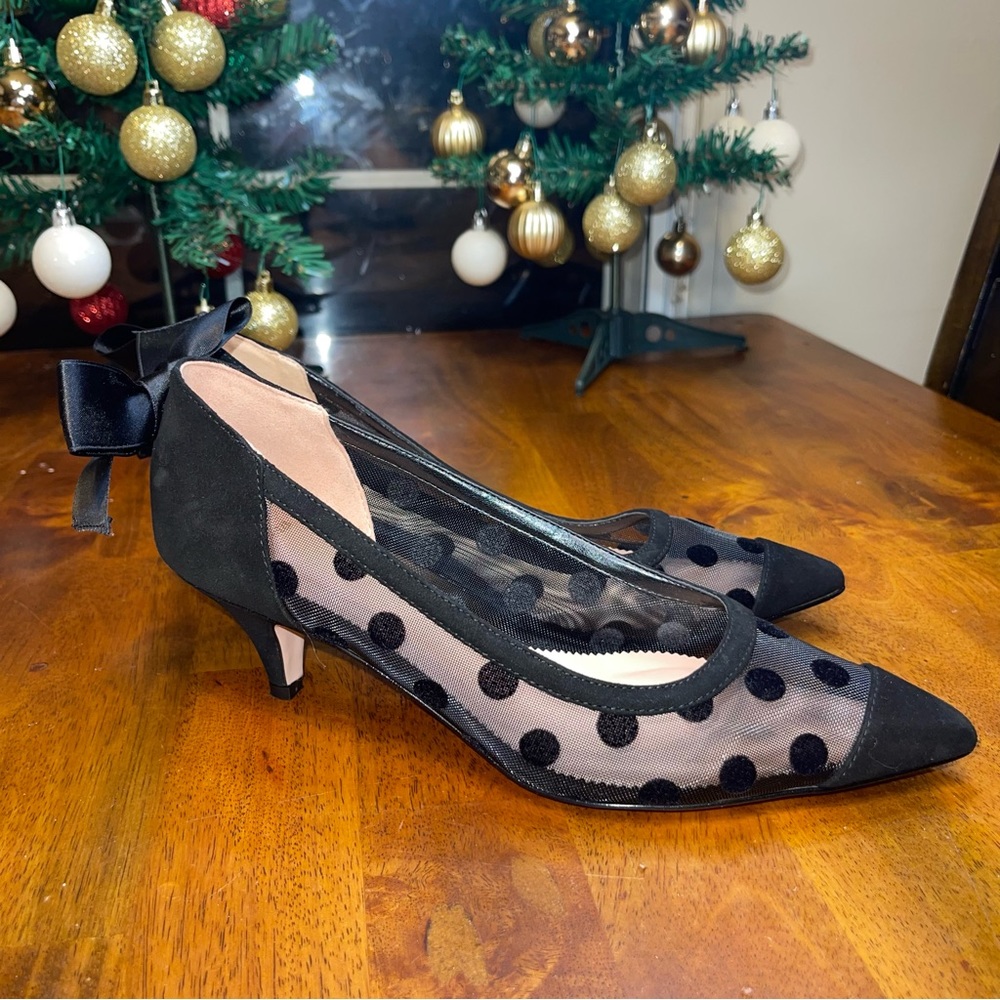 EUC J. Crew Dulci kitten heels in polka dot mesh bow tie back chic unique fancy
